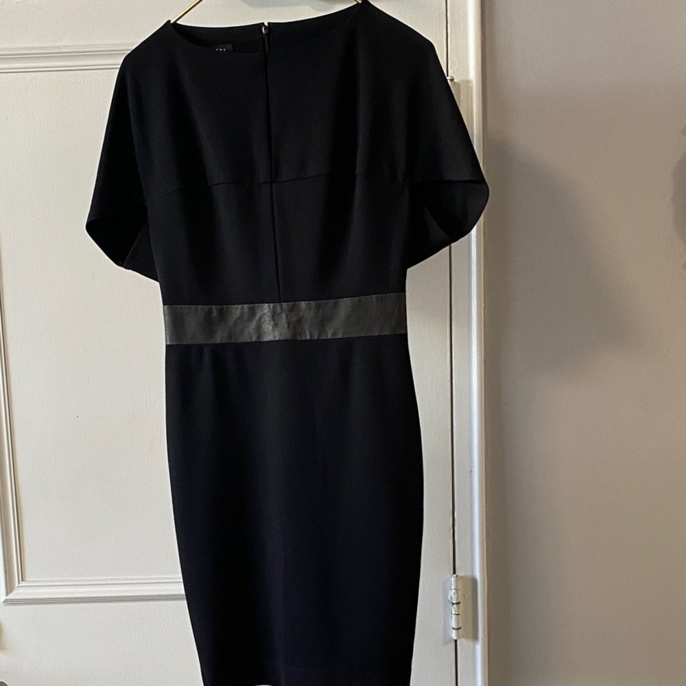 Chic Black Midi Dress with Leather Detail